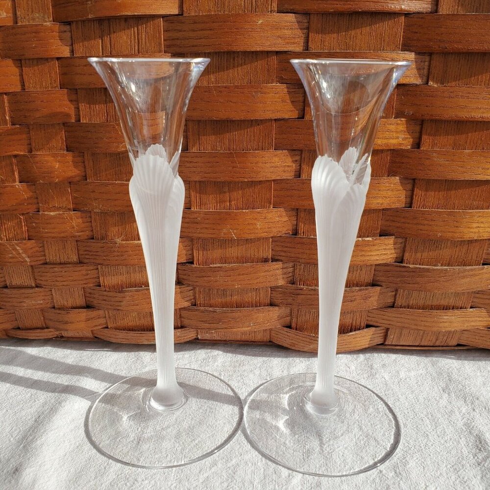 2 Sasaki Aegean Candlesticks 7.25" frosted stem seashell crystal Art Nouveau